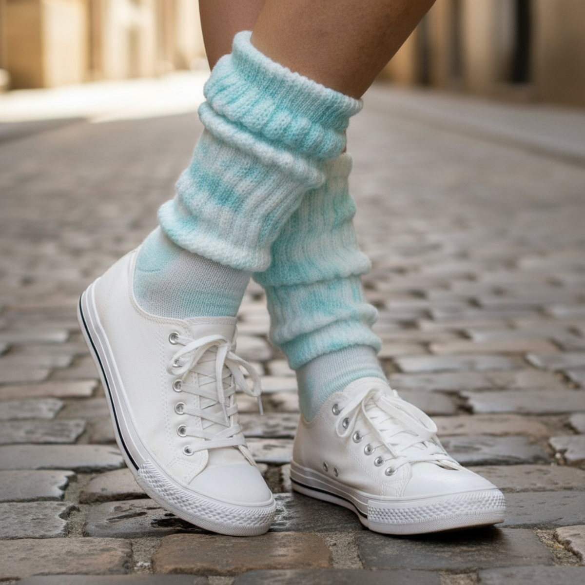 Light blue leg warmers worn over white sneakers on a stone pavement.
