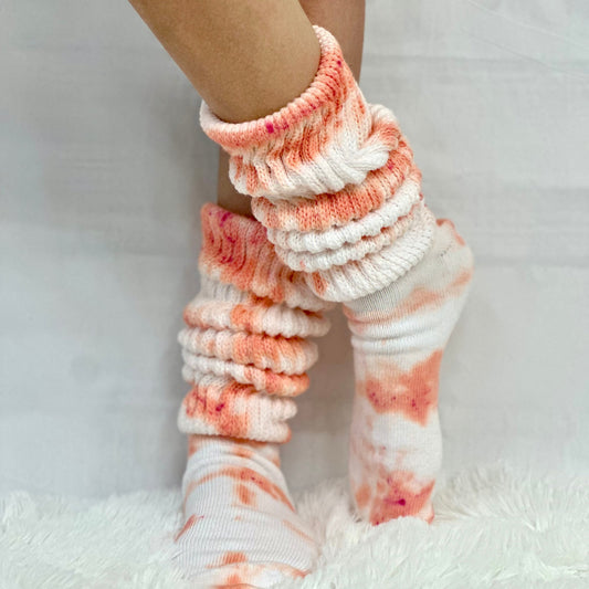ULTIMATE  cotton  slouch socks women  - Tie dyed coral  orange, hooters dyed colors made in USA sock women