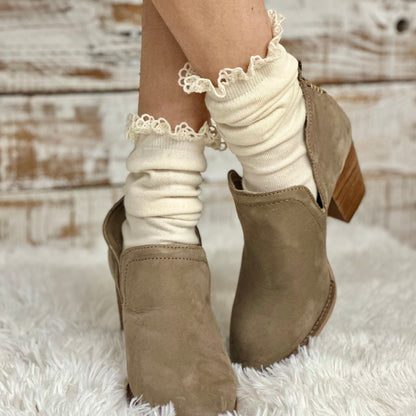 lace top natural cotton organic knit socks, lace slouch socks,knit lacy socks, organic cotton socks, eco friendly socks, ladies socks lace, lacey crew socks, slouchy knit socks, Catherine Cole signature socks