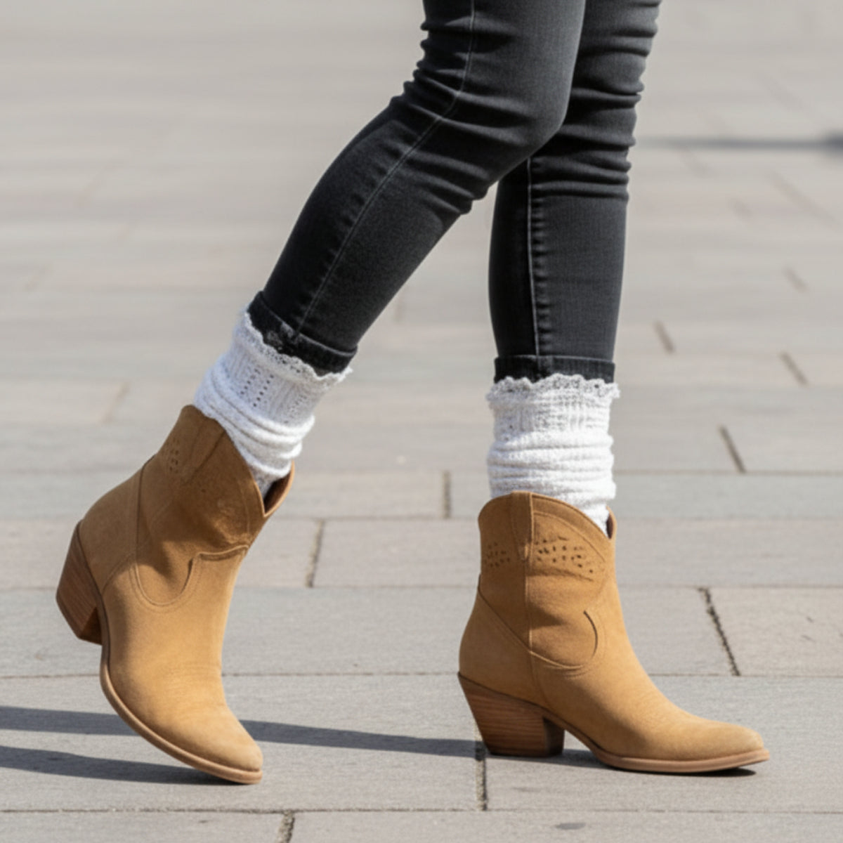 Person wearing white socks on a wooden floor with a textured rug. lace slouch socks for women