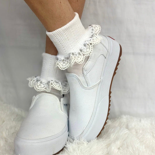 WINTER wonderland  lace socks - white silver, fashion novelty holiday socks women quality usa