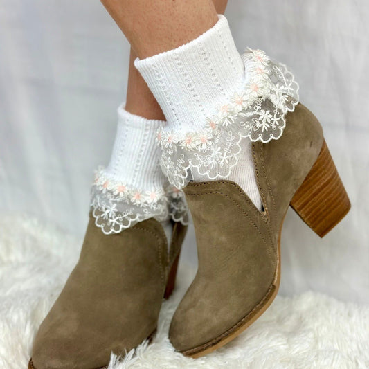 DAISY  lace cuff socks - white pink, lace trim socks for booties