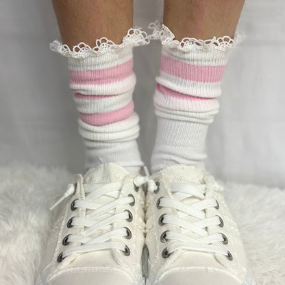 SCHOOLGIRL  striped athletic socks women's - pink, hot trend socks women, lace topped slouch socks