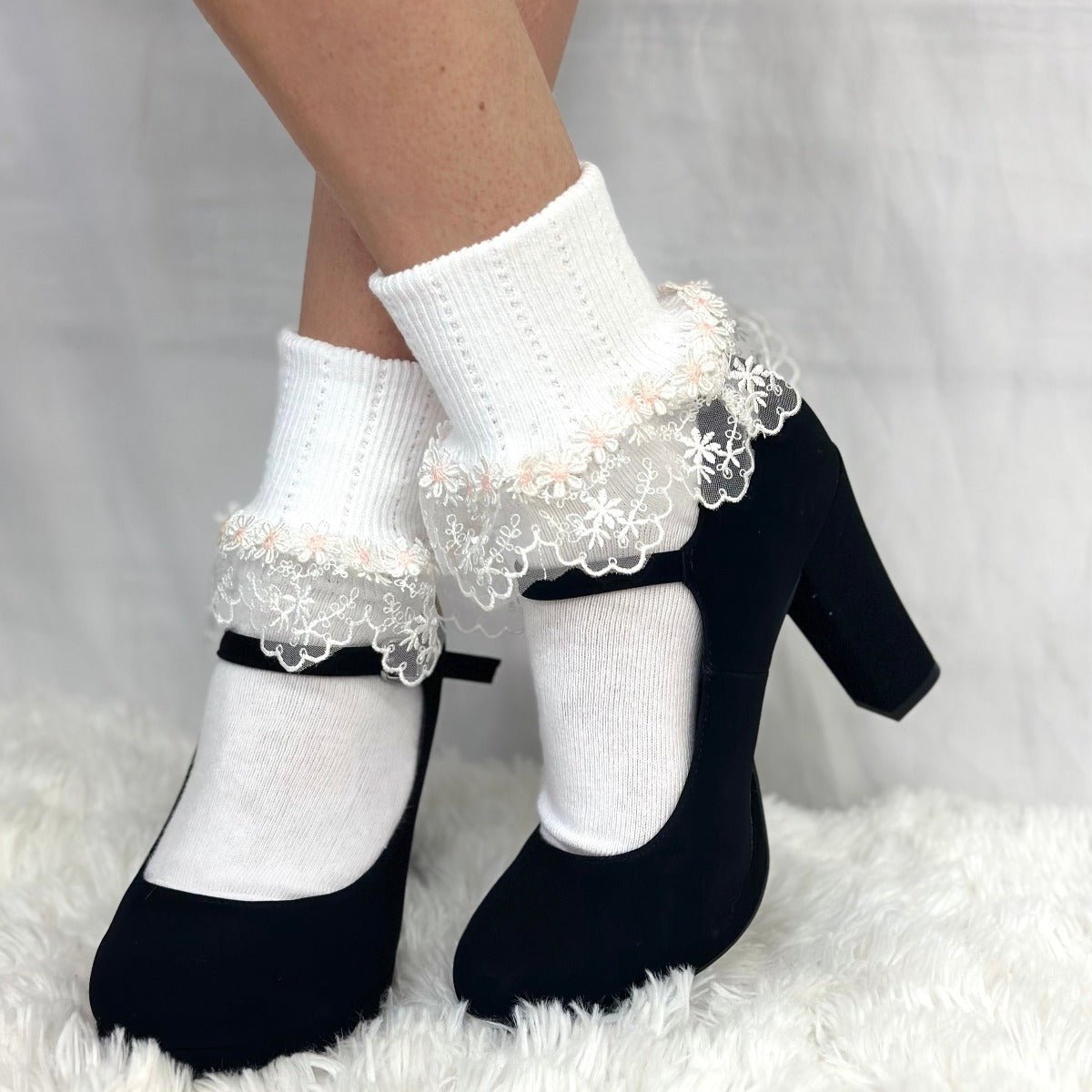 DAISY  lace cuff socks - white pink, cute lace sock for heels, fashion lace trimmed socks ladies