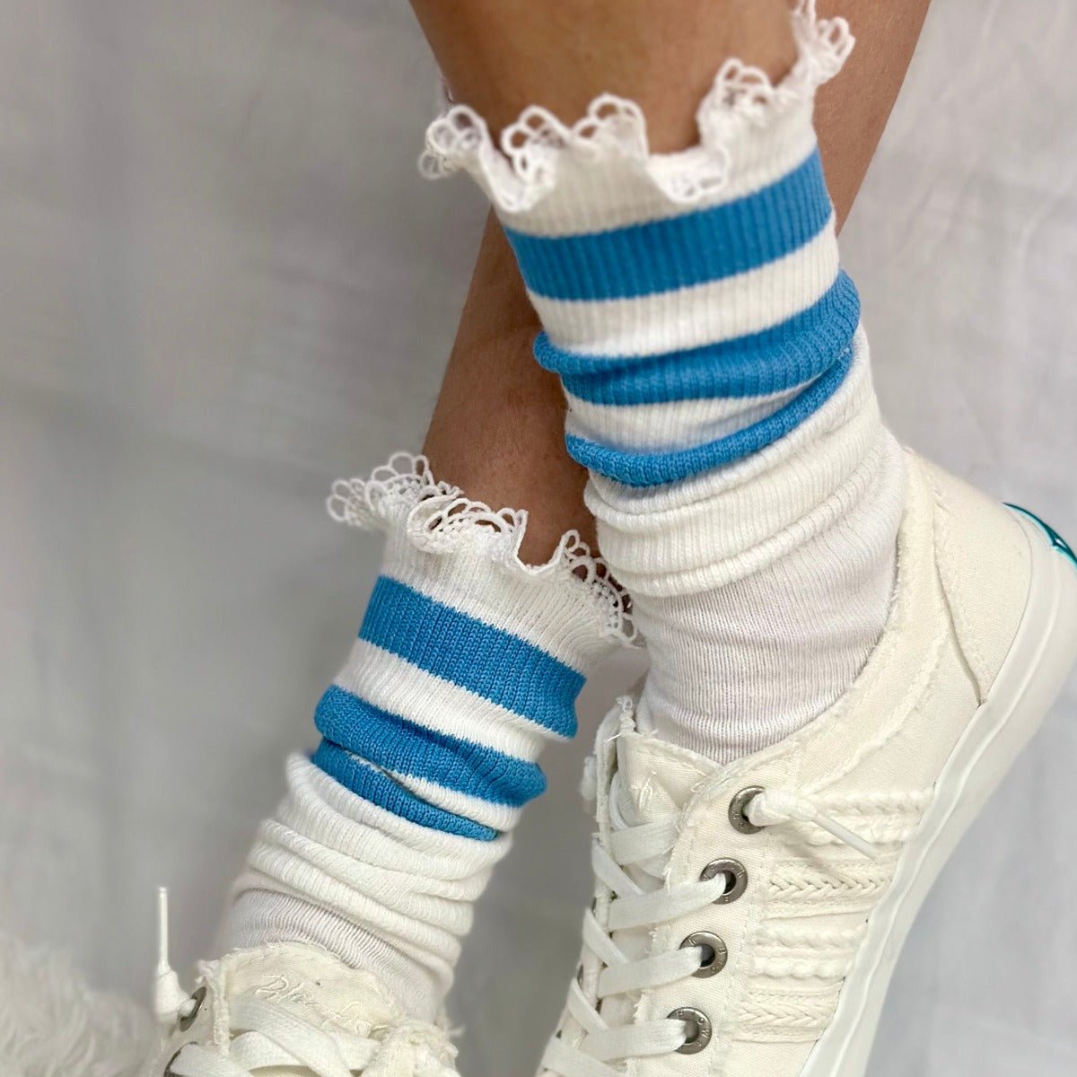 SCHOOLGIRL  striped athletic socks women's - blue, stripe cotton lace trimmed slouch socks, fashion trendy summer socks