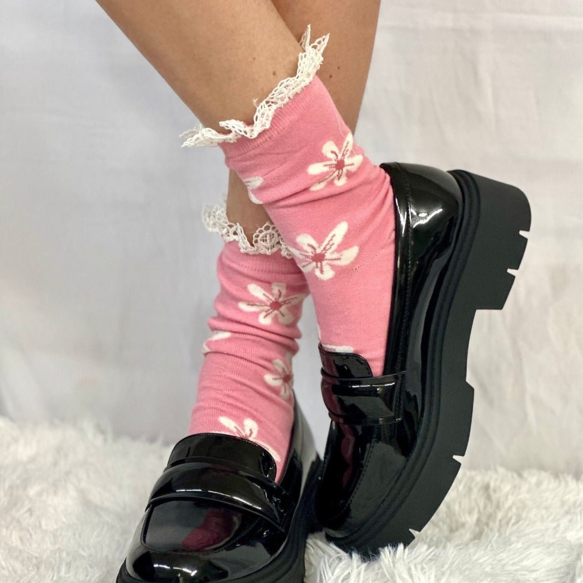 POSEY lace top ankle sock - pink, cute lace socks women quality