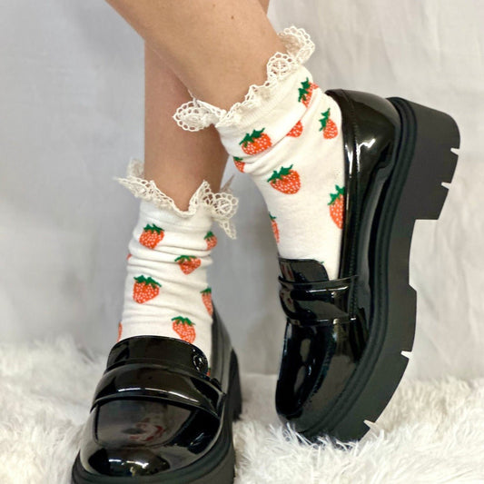 STRAWBERRY lace top ankle sock, fun cute lace socks women best quality
