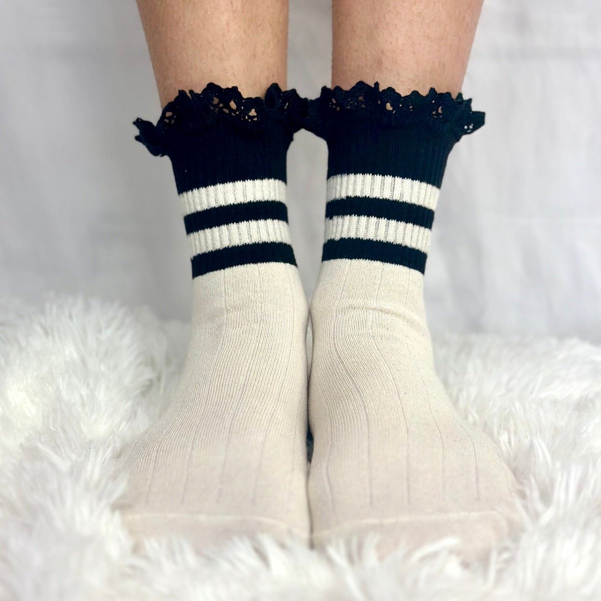 Varsity mini striped crew socks women's - black, fun cute ankle crew socks women