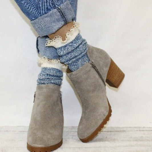 ORGANIC  lace boot socks - denim blue catherine cole signature style made in usa, organic soft quality socks mom jeans booties denim - lace slouch socks women’s best quality 