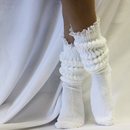 SCRUNCHY  lace slouch socks - white - thick Hooters scrunch socks, best women’s scrunch slouch socks near me