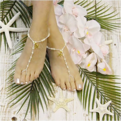 KEY WEST wedding starfish  barefoot sandals - gold - starfish beaded barefoot sandals, starfish wedding foot jewelry, starfish footless sandals women