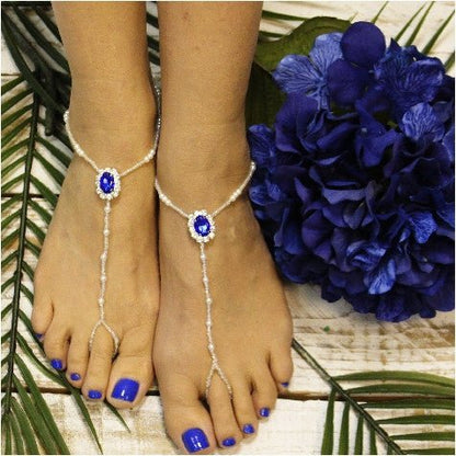 SAPPHIRE beaded barefoot sandals  - royal blue  feet jewelry Bridal fashion  Catherine Cole Atelier women’s quality  designer barefoot sandals