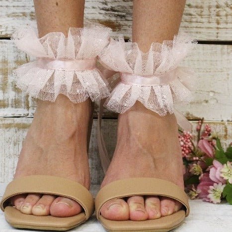 grace pink tulle ruffle anklets Bridal  Catherine Cole Atelier couture socks and designer barefoot sandals
