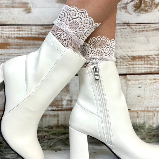 Allover  white lace sock for women, lace socks boots, lace ruffle sock women's