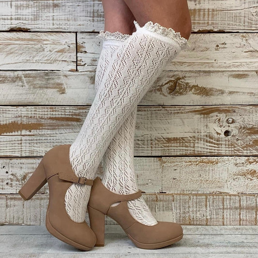 Lolita crochet lace knee socks cream fashion Catherine Cole Atelier couture socks and designer barefoot sandals