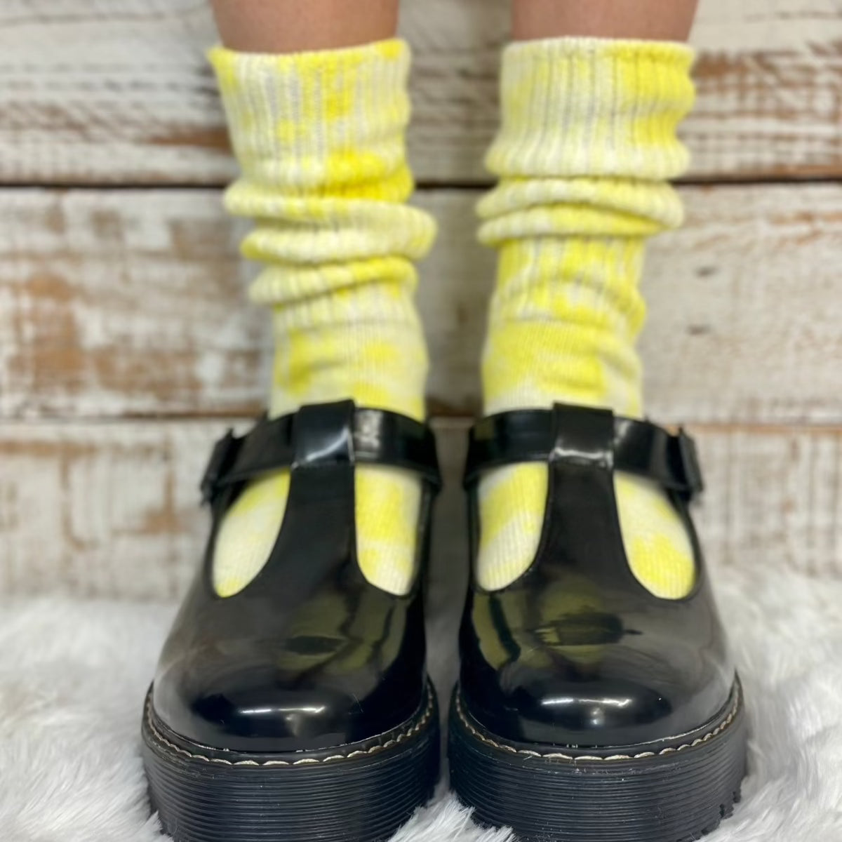 Mini cute scrunchy tie dye yellow organic slouch socks Made in USA, tie-dyed cotton socks near me