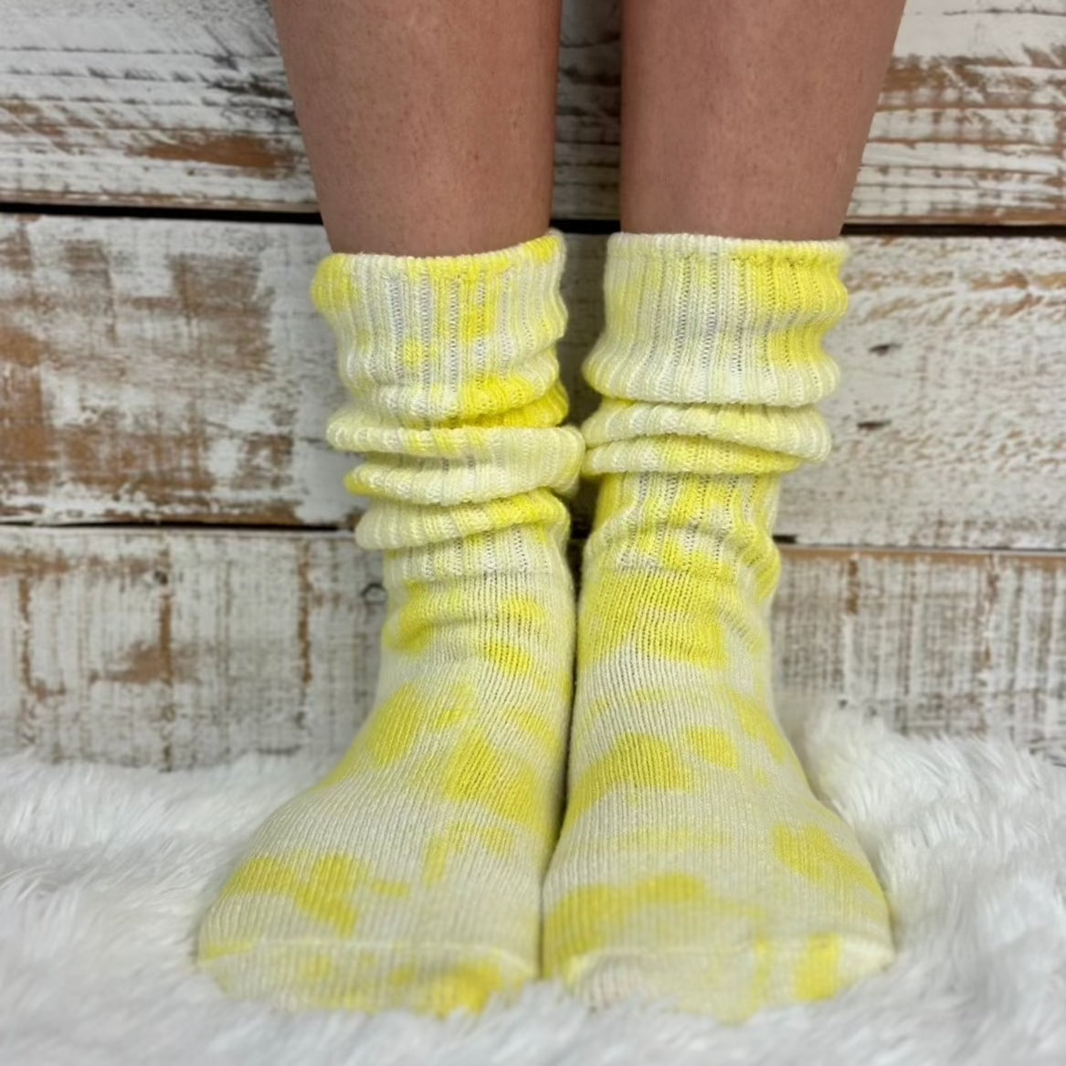 Mini cute scrunchy tie dye yellow organic slouch socks  Made in USA , tie-dyed crew socks women's near me