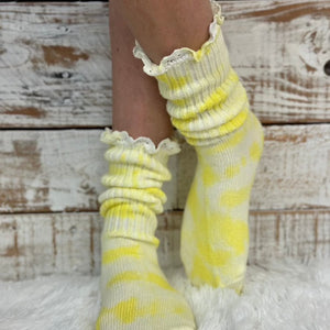 LACY  organic mini cotton scrunchy tie dye yellow organic slouch socks  Made in USA - Catherine Cole Atelier