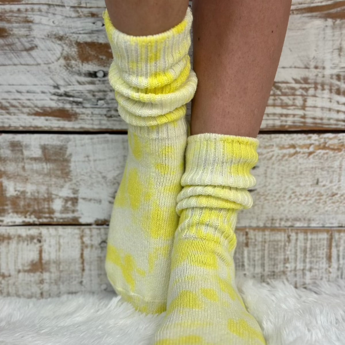 Mini cute scrunchy tie dye yellow organic slouch socks Made in USA , tie-dyed ankle socks cotton 