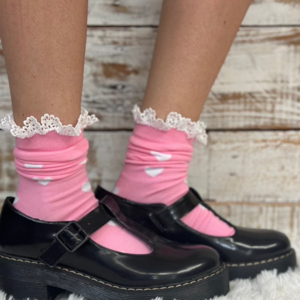 HEARTS DELIGHT lace top heart ankle sock - pink, Catherine Cole ~ Atelier Inspired fashion since 1991 Couture socks and foot jewelry