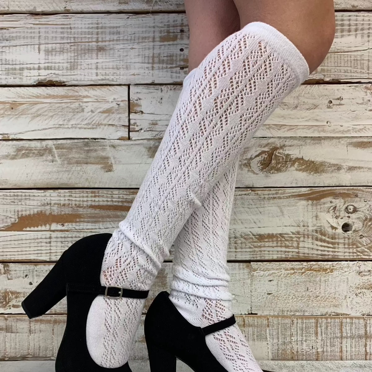 Dolls white tall crochet knee socks for women, cute baby doll style, socks to wear with cowboy western boots,
