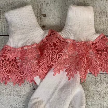 SIGNATURE lace ankle cuff socks women - white rose pink lace, Bobby socks,
Cool lace socks shark tank socks