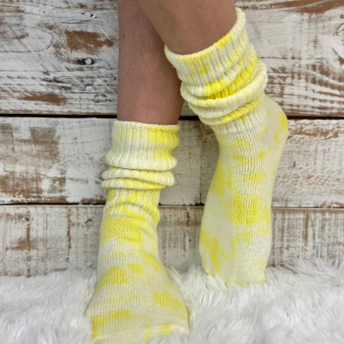 Mini cute scrunchy tie dye yellow organic slouch socks Made in USA , tie dye socks women's near me