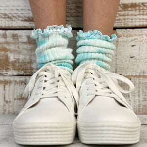 Lacy Mini cute scrunchy tie dye aqua organic slouch socks Made in USA, Catherine Cole ~ Atelier