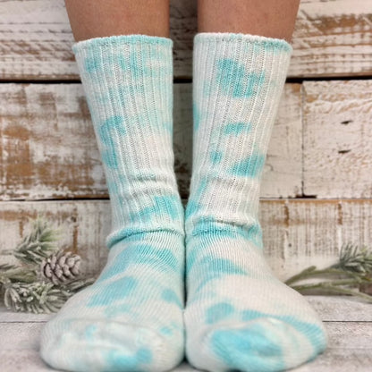 Mini cute scrunchy tie dye aqua organic slouch socks Made in USA, tie-dyed socks women's, best quality tie dye socks