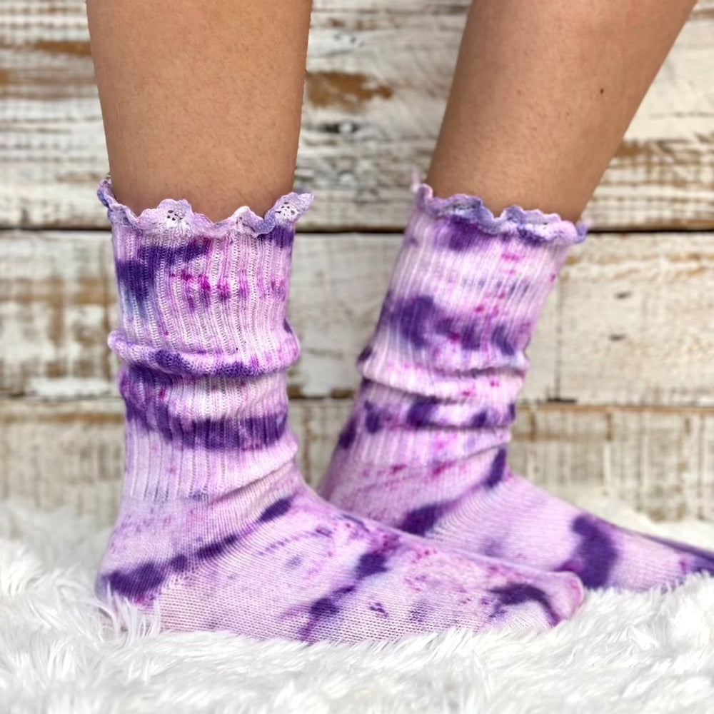 LACY organic mini cotton crew tie dye purple organic crew socks Made in USA sock women - Catherine Cole Atelier