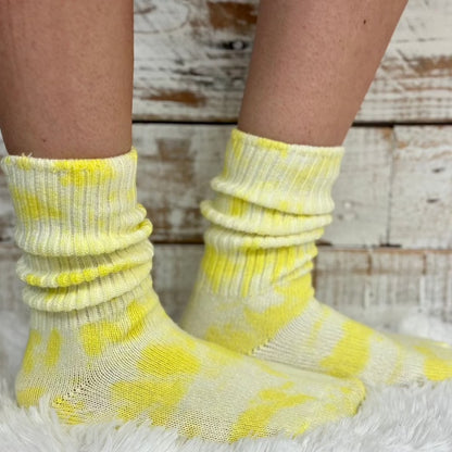 Mini cute scrunchy tie dye yellow organic slouch socks Made in USA , tie dyed Nike crew socks