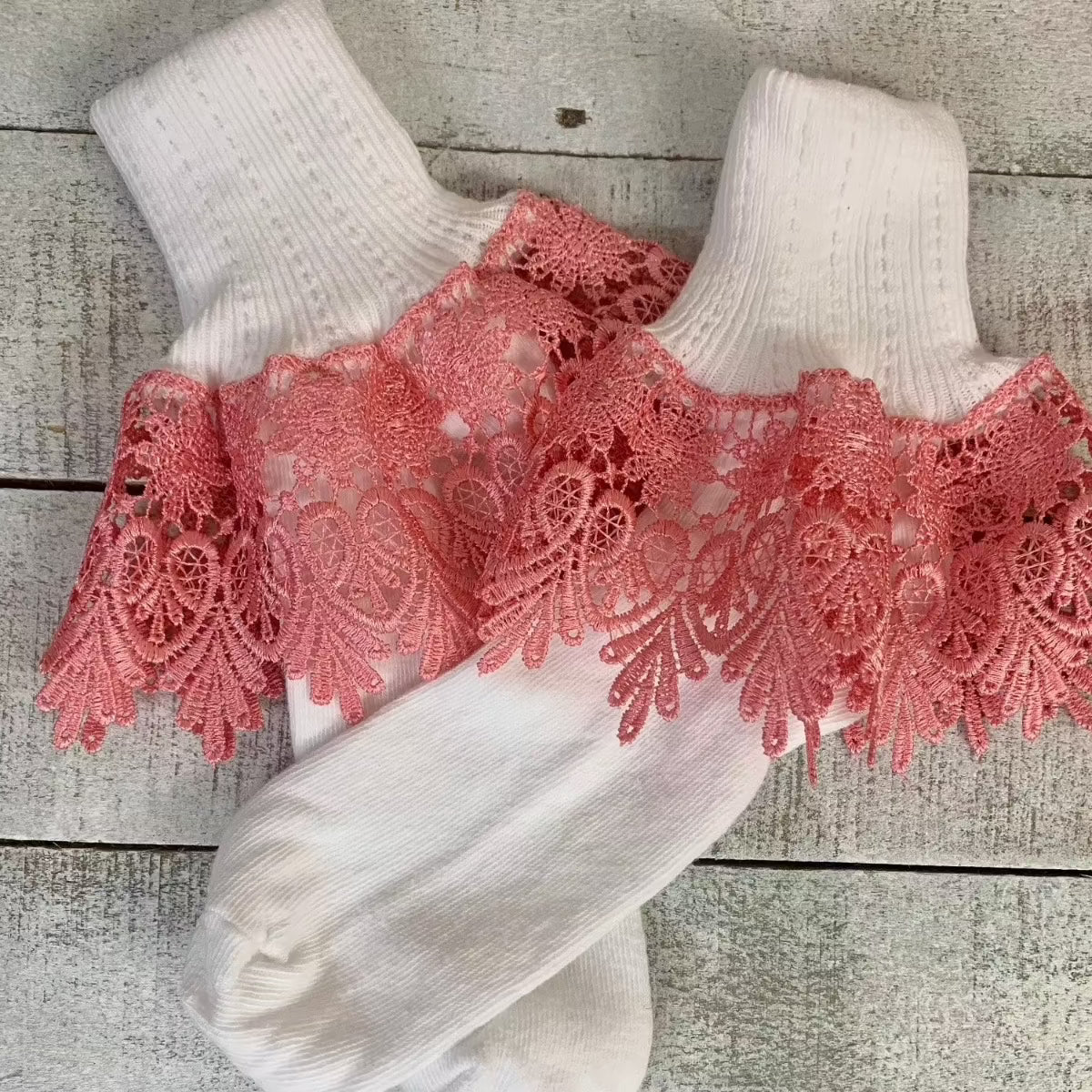 SIGNATURE lace ankle cuff socks women - white rose pink lace, ladies lace trim ruffle socks