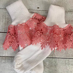 SIGNATURE lace ankle cuff socks women - white rose pink lace, Catherine Cole ~ Atelier Inspired fashion since 1991 Couture socks and foot jewelry