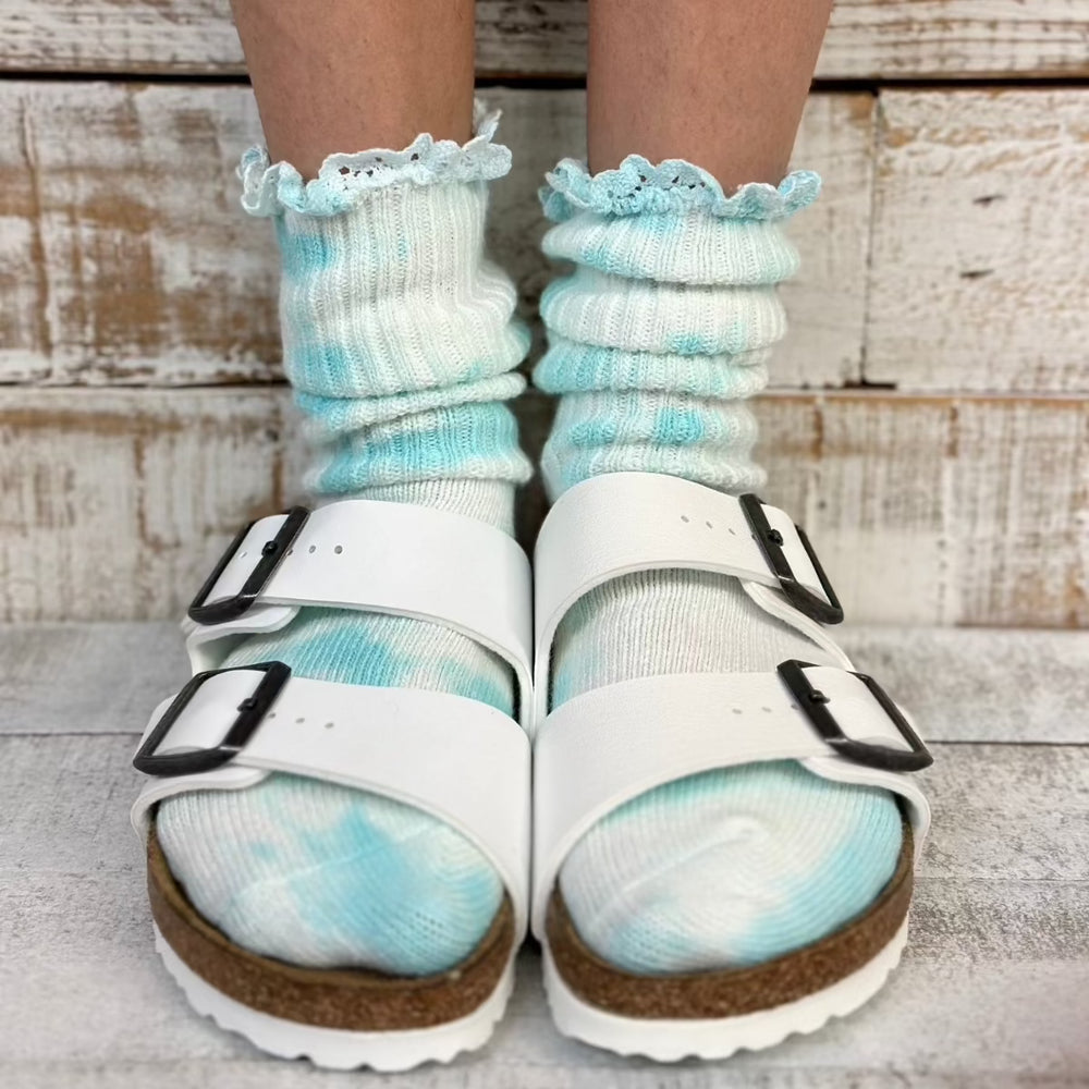 Lacy Mini cute scrunchy tie dye aqua organic slouch socks Made in USA, Catherine Cole ~ Atelier