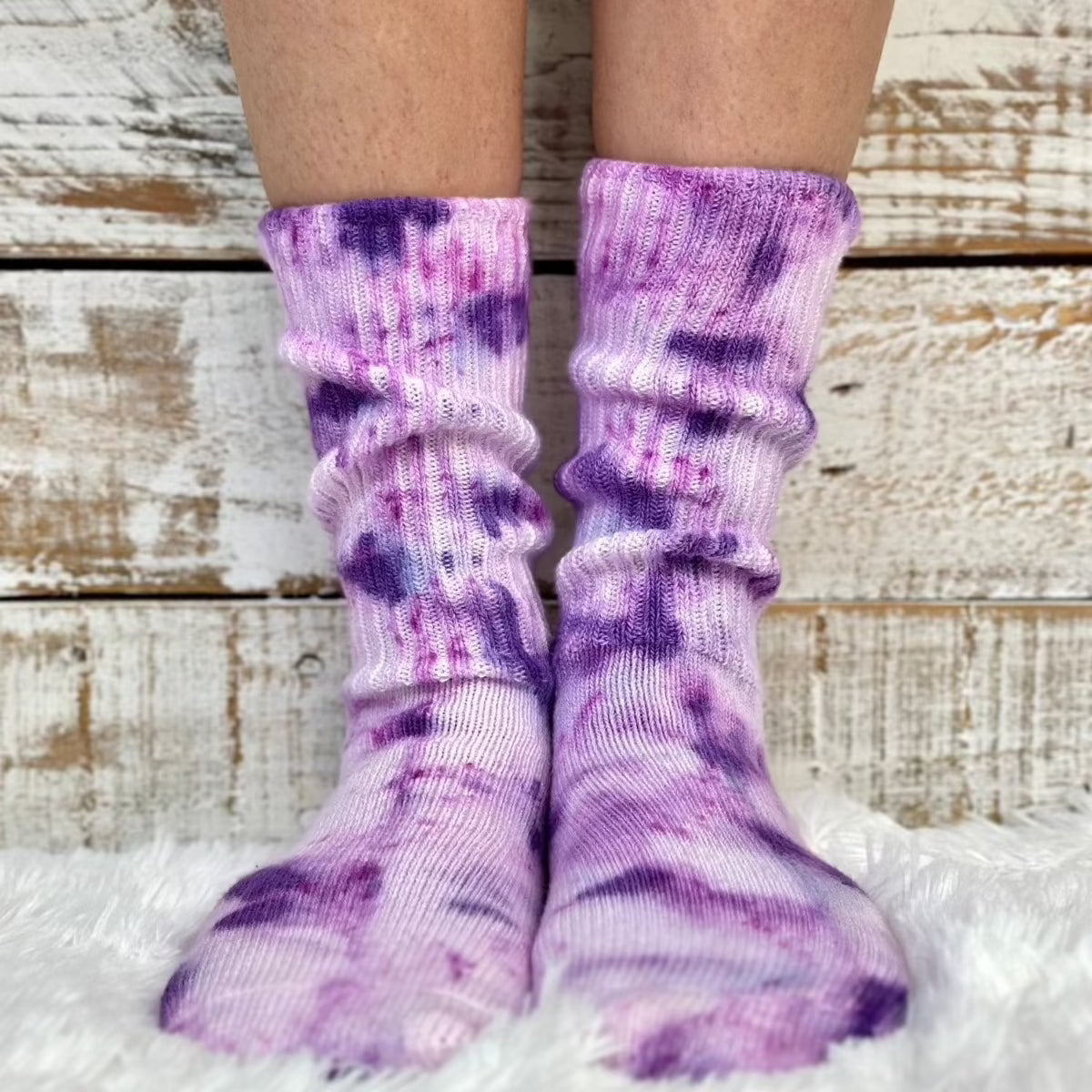 Mini cute scrunchy tie dye pastel purple organic slouch crew socks  Made in USA women quality socks - tie-dye near me.