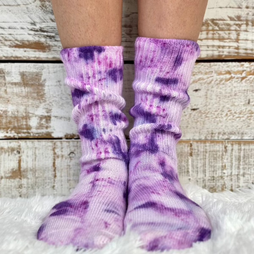 Mini cute scrunchy tie dye pastel purple organic slouch crew socks Made in USA women quality socks - Catherine Cole Atelier