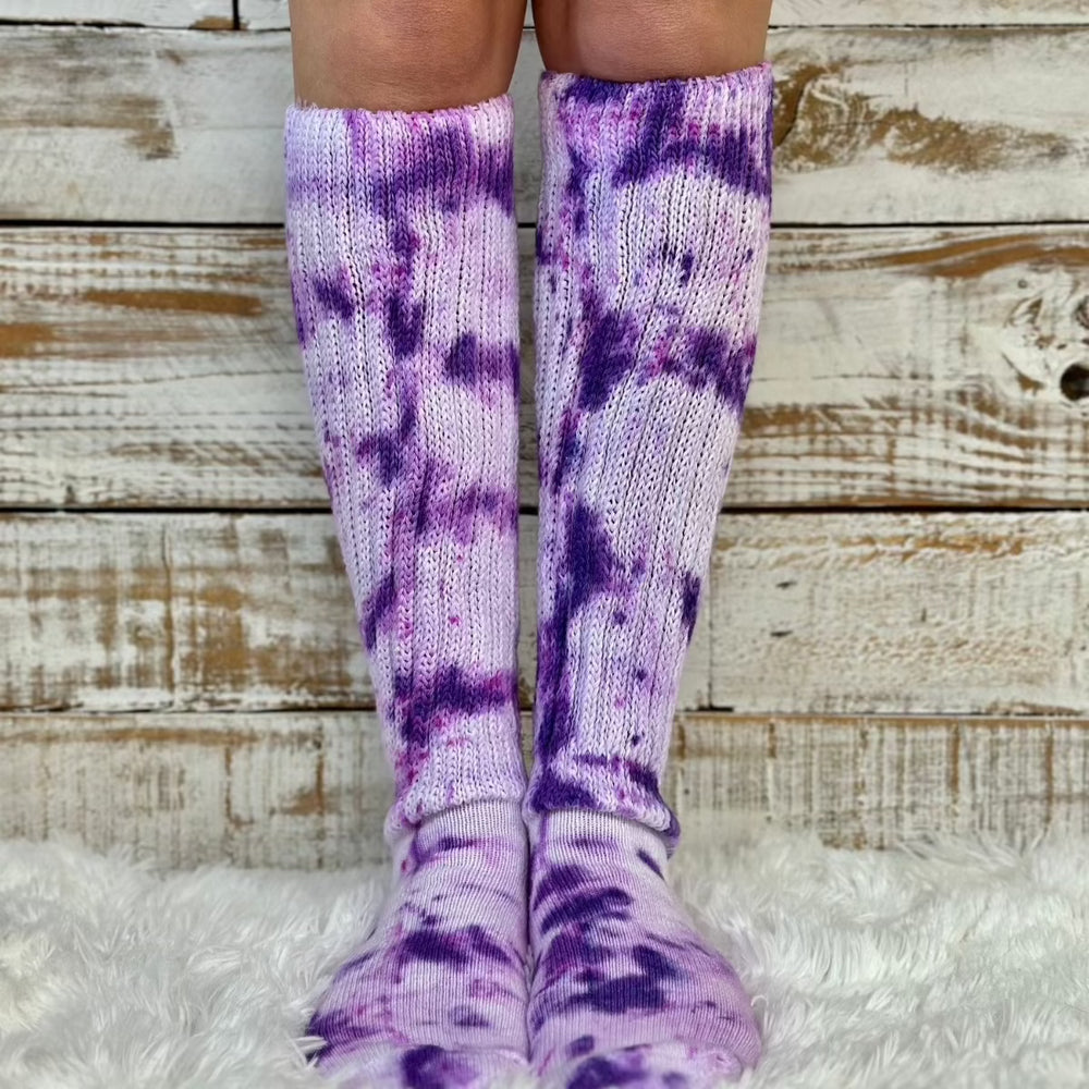 Tie dye purple lavender, Hooters style cotton slouch socks for women - Made in USA - Catherine Cole Atelier