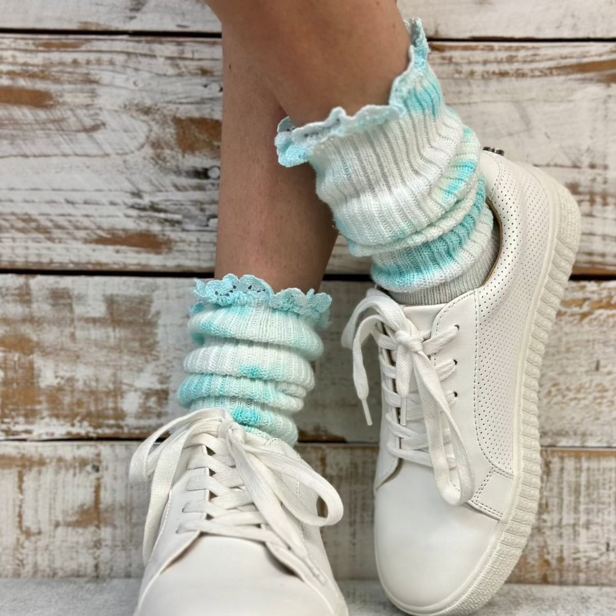 Lacy Mini cute scrunchy tie dye aqua organic slouch socks  Made in USA, eco friendly cotton socks women's