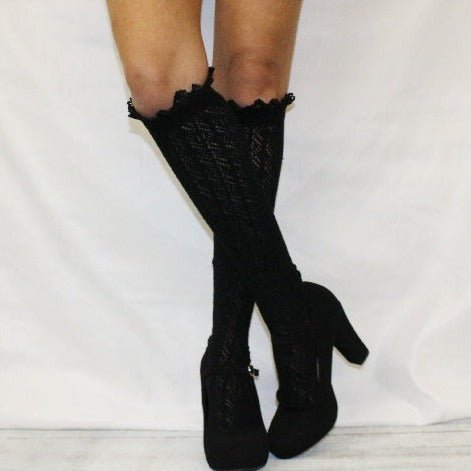 LOLITA  black  lacy  tall crochet knee socks for women, cute baby doll style  - Catherine Cole, lace socks near me.