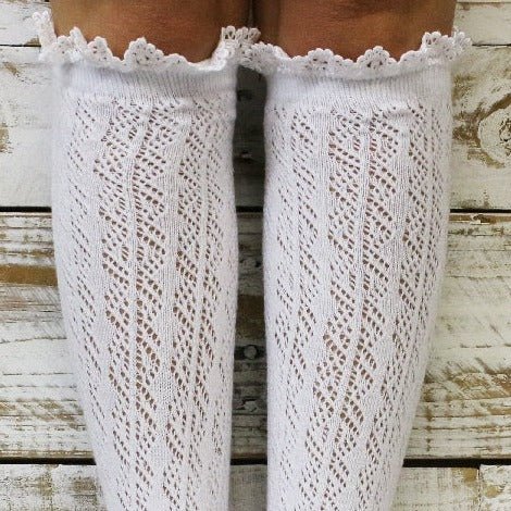 socks seen in selkie photo shoot - Catherine Cole Atelier - Lolita lace tall over knee sock, best quality lace boot socks.