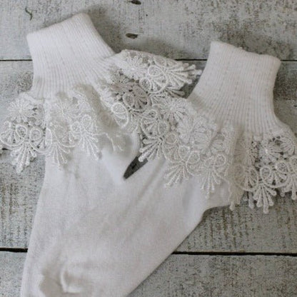 white cotton quality lace sock women signature style hosiery, ladies lace trimmed socks Catherine Cole signature style