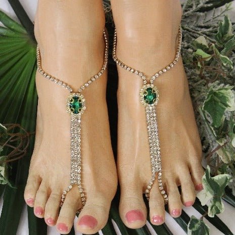 green gold footless sandals bride women, emerald green good barefoot sandals, Catherine Cole Atelier wedding foot jewelry