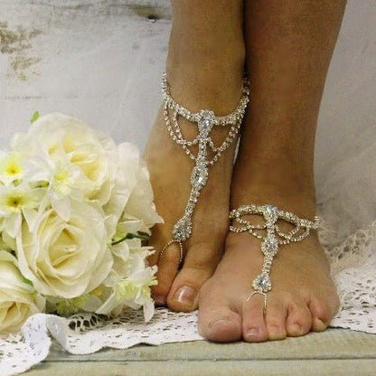 bride silver rhinestone wedding barefoot sandals, best quality foot jewelry, Amazon barefoot sandals.