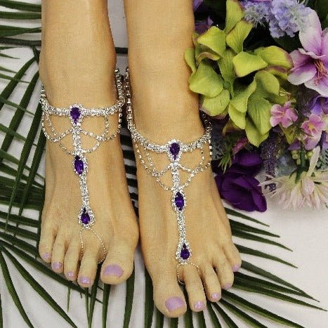 Purple women's wedding rhinestone barefoot sandals, best quality foot jewelry sandals,  Amazon barefoot sandals