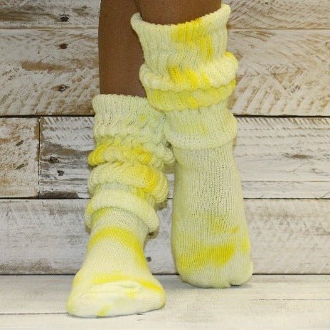 tie dye slouch socks yellow cotton usa made,  women's tie-dyed hosiery diy HOOTERS, athletic socks, Catherine cole