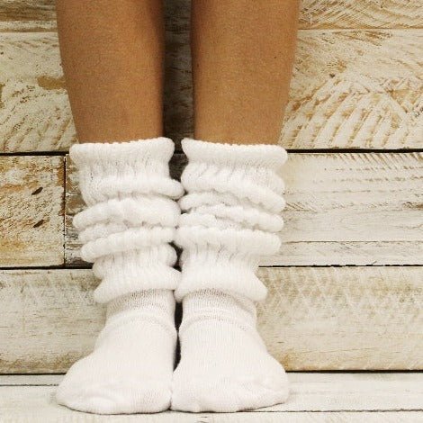 white slouch scrunchie socks made in usa, hooter's socks American made, ultimate slouch socks