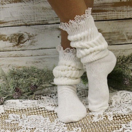 SCRUNCHY  lace slouch socks - white - crew cotton socks women Hooters Catherine Cole best quality thick cloud slouch socks near me