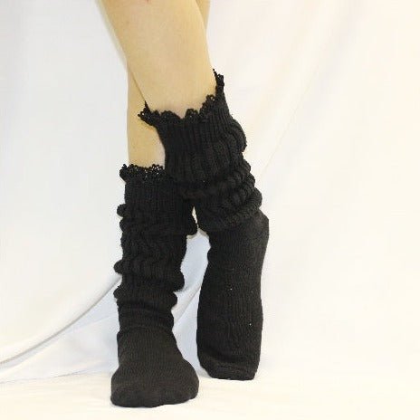SCRUNCHY  lace slouch socks - black - luxury diva HOOTERS cotton socks usa made Catherine Cole best quality slouch cotton socks 